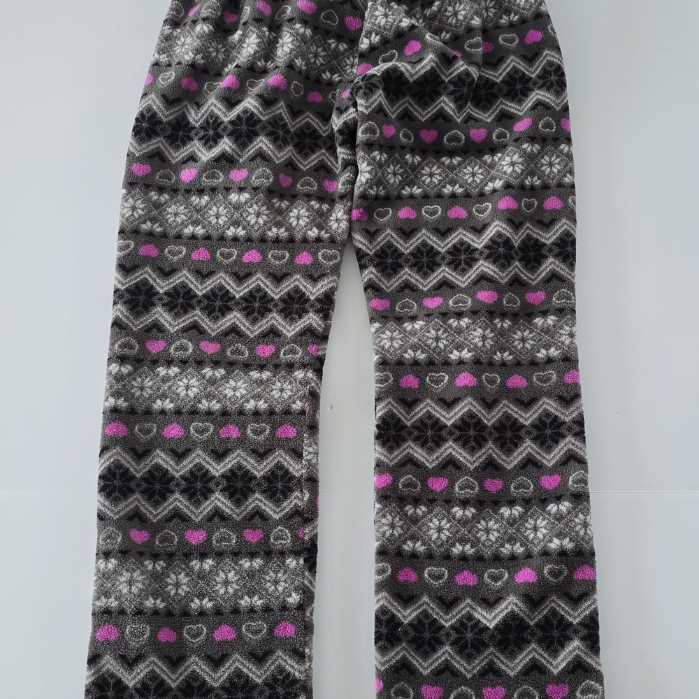 Noble Mount Fleece Pajama PJ Pants Medium M Pink Heart Fairisle Gray Cozy Lounge